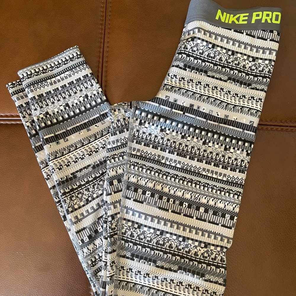 Nike Pro Dri-Fit Leggings -Size Med.  Black/White Print w/Lime Green Logo